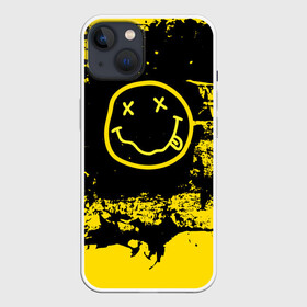 Чехол для iPhone 13 с принтом Нирвана Гранж | Nirvana Smile в Петрозаводске,  |  | album | curt | grunge | kobain | logo | music | nevermind | nirvana | rock | smells like | smile | teen spirit | альбом | брызги | гитара | гранж | курт кобейн | логотип | музыка | невермайнд | нирвана | потертости | рок | смайл | стикер