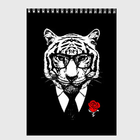 Скетчбук с принтом Тигр с красной розой в Петрозаводске, 100% бумага
 | 48 листов, плотность листов — 100 г/м2, плотность картонной обложки — 250 г/м2. Листы скреплены сверху удобной пружинной спиралью | 2022 | authority | black suit | godfather | holiday | mafia | new year | red rose | year of the tiger | авторитет | год тигра | красная роза | крестный отец | мафия | новый год | праздник | тигр в очках | черный костюм