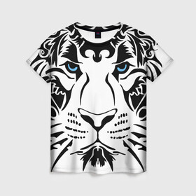 Женская футболка 3D с принтом Водяной голубоглазый тигр в Петрозаводске, 100% полиэфир ( синтетическое хлопкоподобное полотно) | прямой крой, круглый вырез горловины, длина до линии бедер | 2022 | blue eyes | new year | ornament | pattern | predator | strength and tranquility | water tiger | year of the tiger | водяной тигр | год тигра | голубые глаза | новый год | орнамент | сила и спокойствие | узор | хищник