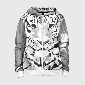 Детская толстовка 3D на молнии с принтом Белый снежный тигр в Петрозаводске, 100% полиэстер |  манжеты и пояс оформлены широкой мягкой резинкой, двухслойный капюшон со шнурком для регулировки, спереди карманы и застежка-молния
 | 2022 | art | beast | new year | predator | splashes and drops | white tiger | year of the tiger | белый тигр | брызги и капли | год тигра | зверь | искусство | новый год | хищник