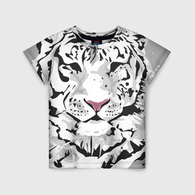 Детская футболка 3D с принтом Белый снежный тигр в Петрозаводске, 100% гипоаллергенный полиэфир | прямой крой, круглый вырез горловины, длина до линии бедер, чуть спущенное плечо, ткань немного тянется | Тематика изображения на принте: 2022 | art | beast | new year | predator | splashes and drops | white tiger | year of the tiger | белый тигр | брызги и капли | год тигра | зверь | искусство | новый год | хищник