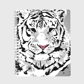 Тетрадь с принтом Белый снежный тигр в Петрозаводске, 100% бумага | 48 листов, плотность листов — 60 г/м2, плотность картонной обложки — 250 г/м2. Листы скреплены сбоку удобной пружинной спиралью. Уголки страниц и обложки скругленные. Цвет линий — светло-серый
 | 2022 | art | beast | new year | predator | splashes and drops | white tiger | year of the tiger | белый тигр | брызги и капли | год тигра | зверь | искусство | новый год | хищник