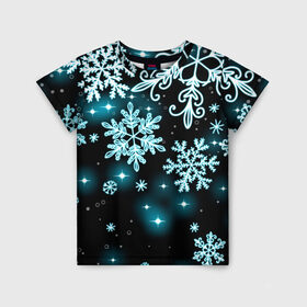 Детская футболка 3D с принтом Космические снежинки в Петрозаводске, 100% гипоаллергенный полиэфир | прямой крой, круглый вырез горловины, длина до линии бедер, чуть спущенное плечо, ткань немного тянется | Тематика изображения на принте: christmas | happy new year | merry christmas | neon | new year | snow | snowflakes | winter | декабрь | звезды | зима | зимний орнамент | зимний узор | зимняя ночь | неоновый | новогодний принт | новогодняя ночь | новый год | ночь | подарок