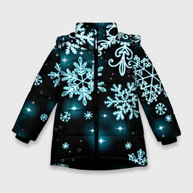 Зимняя куртка для девочек 3D с принтом Космические снежинки в Петрозаводске, ткань верха — 100% полиэстер; подклад — 100% полиэстер, утеплитель — 100% полиэстер. | длина ниже бедра, удлиненная спинка, воротник стойка и отстегивающийся капюшон. Есть боковые карманы с листочкой на кнопках, утяжки по низу изделия и внутренний карман на молнии. 

Предусмотрены светоотражающий принт на спинке, радужный светоотражающий элемент на пуллере молнии и на резинке для утяжки. | christmas | happy new year | merry christmas | neon | new year | snow | snowflakes | winter | декабрь | звезды | зима | зимний орнамент | зимний узор | зимняя ночь | неоновый | новогодний принт | новогодняя ночь | новый год | ночь | подарок