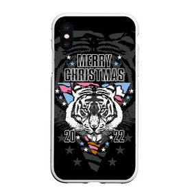 Чехол для iPhone XS Max матовый с принтом Merry Christmas 2022 в Петрозаводске, Силикон | Область печати: задняя сторона чехла, без боковых панелей | 2022 | beast | merry christmas | new year | predator | stars | stern look | white tiger | year of the tiger | белый тигр | год тигра | звезды | зверь | новый год | суровый взгляд | хищник