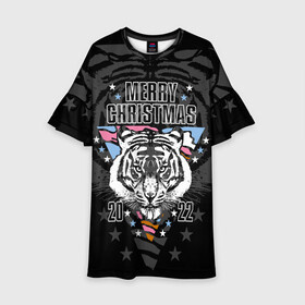Детское платье 3D с принтом Merry Christmas 2022 в Петрозаводске, 100% полиэстер | прямой силуэт, чуть расширенный к низу. Круглая горловина, на рукавах — воланы | 2022 | beast | merry christmas | new year | predator | stars | stern look | white tiger | year of the tiger | белый тигр | год тигра | звезды | зверь | новый год | суровый взгляд | хищник
