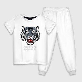 Детская пижама хлопок с принтом Голубой водяной тигр 2022 в Петрозаводске, 100% хлопок |  брюки и футболка прямого кроя, без карманов, на брюках мягкая резинка на поясе и по низу штанин
 | Тематика изображения на принте: 2022 | beast | fangs | merry christmas | new year | predator | stars | stern grin | water tiger | year of the tiger | водяной тигр | год тигра | звезды | зверь | клыки | новый год | суровый оскал | хищник