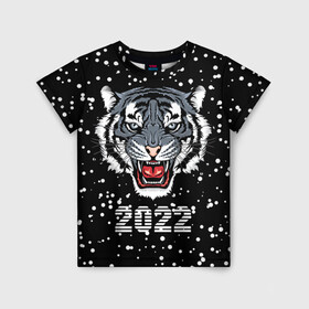 Детская футболка 3D с принтом Черный водяной тигр 2022 в Петрозаводске, 100% гипоаллергенный полиэфир | прямой крой, круглый вырез горловины, длина до линии бедер, чуть спущенное плечо, ткань немного тянется | Тематика изображения на принте: 2022 | beast | black water tiger | fangs | merry christmas | new year | predator | snow | stern grin | winter | year of the tiger | год тигра | зверь | зима | клыки | новый год | снег | суровый оскал | хищник | черный водяной тигр