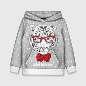 Детская толстовка 3D с принтом Белый тигр с красным бантом в Петрозаводске, 100% полиэстер | двухслойный капюшон со шнурком для регулировки, мягкие манжеты на рукавах и по низу толстовки, спереди карман-кенгуру с мягким внутренним слоем | 2022 | animal | fangs | merry christmas | new year | predator | red bow | severe grin | snow | white water tiger | winter | year of the tiger | белый водяной тигр | год тигра | зверь | зима | клыки | красный бант | новый год | очки | снег | суро