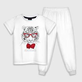 Детская пижама хлопок с принтом Белый тигр в красных очках в Петрозаводске, 100% хлопок |  брюки и футболка прямого кроя, без карманов, на брюках мягкая резинка на поясе и по низу штанин
 | Тематика изображения на принте: 2022 | beast | bow tie | fangs | merry christmas | new year | predator | stern grin | white water tiger | year of the tiger | белый водяной тигр | галстук бабочка | год тигра | зверь | клыки | красные очки | новый год | суровый оскал | хищни