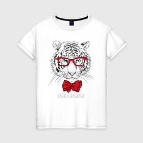 Женская футболка хлопок с принтом Белый тигр в красных очках в Петрозаводске, 100% хлопок | прямой крой, круглый вырез горловины, длина до линии бедер, слегка спущенное плечо | Тематика изображения на принте: 2022 | beast | bow tie | fangs | merry christmas | new year | predator | stern grin | white water tiger | year of the tiger | белый водяной тигр | галстук бабочка | год тигра | зверь | клыки | красные очки | новый год | суровый оскал | хищни