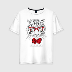 Женская футболка хлопок Oversize с принтом Белый тигр в красных очках в Петрозаводске, 100% хлопок | свободный крой, круглый ворот, спущенный рукав, длина до линии бедер
 | 2022 | beast | bow tie | fangs | merry christmas | new year | predator | stern grin | white water tiger | year of the tiger | белый водяной тигр | галстук бабочка | год тигра | зверь | клыки | красные очки | новый год | суровый оскал | хищни