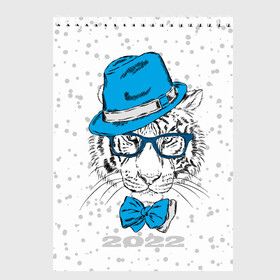 Скетчбук с принтом Белый тигр в синей шляпе в Петрозаводске, 100% бумага
 | 48 листов, плотность листов — 100 г/м2, плотность картонной обложки — 250 г/м2. Листы скреплены сверху удобной пружинной спиралью | 2022 | beast | blue hat | bow | merry christmas | new year | predator | snow | white water tiger | winter | year of the tiger | бант | белый водяной тигр | год тигра | зверь | зима | новый год | очки | синяя шляпа | снег | хищник