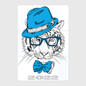 Магнитный плакат 2Х3 с принтом Водяной тигр в синей шляпе в Петрозаводске, Полимерный материал с магнитным слоем | 6 деталей размером 9*9 см | 2022 | beast | blue hat | bow | merry christmas | new year | predator | snow | white water tiger | winter | year of the tiger | бант | белый водяной тигр | год тигра | зверь | зима | новый год | очки | синяя шляпа | снег | хищник