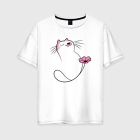 Женская футболка хлопок Oversize с принтом Котик с цветком в Петрозаводске, 100% хлопок | свободный крой, круглый ворот, спущенный рукав, длина до линии бедер
 | cat | звери | кот | котенок | котик | кошка | подарок | цветок