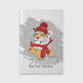 Обложка для паспорта матовая кожа с принтом Тигр в красной шапке в Петрозаводске, натуральная матовая кожа | размер 19,3 х 13,7 см; прозрачные пластиковые крепления | 2022 | beast | merry christmas | new year | predator | proud tiger | red hat | scarf | snow | winter | year of the tiger | год тигра | гордый тигр | зверь | зима | красная шапка | новый год | снег | хищник | шарф