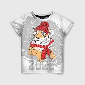 Детская футболка 3D с принтом Тигр в красной шапке в Петрозаводске, 100% гипоаллергенный полиэфир | прямой крой, круглый вырез горловины, длина до линии бедер, чуть спущенное плечо, ткань немного тянется | 2022 | beast | merry christmas | new year | predator | proud tiger | red hat | scarf | snow | winter | year of the tiger | год тигра | гордый тигр | зверь | зима | красная шапка | новый год | снег | хищник | шарф