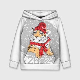 Детская толстовка 3D с принтом Тигр в красной шапке в Петрозаводске, 100% полиэстер | двухслойный капюшон со шнурком для регулировки, мягкие манжеты на рукавах и по низу толстовки, спереди карман-кенгуру с мягким внутренним слоем | 2022 | beast | merry christmas | new year | predator | proud tiger | red hat | scarf | snow | winter | year of the tiger | год тигра | гордый тигр | зверь | зима | красная шапка | новый год | снег | хищник | шарф