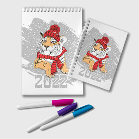 Блокнот с принтом Тигр в красной шапке в Петрозаводске, 100% бумага | 48 листов, плотность листов — 60 г/м2, плотность картонной обложки — 250 г/м2. Листы скреплены удобной пружинной спиралью. Цвет линий — светло-серый
 | 2022 | beast | merry christmas | new year | predator | proud tiger | red hat | scarf | snow | winter | year of the tiger | год тигра | гордый тигр | зверь | зима | красная шапка | новый год | снег | хищник | шарф
