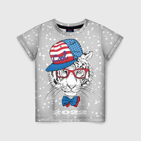 Детская футболка 3D с принтом Крутой белый тигр в Петрозаводске, 100% гипоаллергенный полиэфир | прямой крой, круглый вырез горловины, длина до линии бедер, чуть спущенное плечо, ткань немного тянется | 2022 | beast | bow | cap | cool | merry christmas | new year | predator | snow | tiger | usa flag | winter | year of the tiger | бант | год тигра | зверь | зима | кепка | крутой | новый год | очки | снег | тигр | флаг сша | хищник