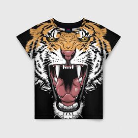 Детская футболка 3D с принтом Оскал амурского тигра в Петрозаводске, 100% гипоаллергенный полиэфир | прямой крой, круглый вырез горловины, длина до линии бедер, чуть спущенное плечо, ткань немного тянется | 2022 | amur tiger | beast | merry christmas | new year | open mouth | predator | stern grin | year of the tiger | амурский тигр | год тигра | зверь | новый год | открытая пасть | суровый оскал | хищник