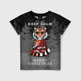 Детская футболка 3D с принтом Keep calm and Merry Christmas в Петрозаводске, 100% гипоаллергенный полиэфир | прямой крой, круглый вырез горловины, длина до линии бедер, чуть спущенное плечо, ткань немного тянется | 2022 | beast | buddhist | heart | keep calm and merry christmas | meditation | new year | spruce forest | tiger | year of the tiger | буддист | год тигра | ельник | зверь | медитация | новый год | сердце | тигр | черные очки