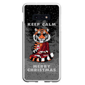 Чехол для Samsung S10E с принтом Keep calm and Merry Christmas в Петрозаводске, Силикон | Область печати: задняя сторона чехла, без боковых панелей | 2022 | beast | buddhist | heart | keep calm and merry christmas | meditation | new year | spruce forest | tiger | year of the tiger | буддист | год тигра | ельник | зверь | медитация | новый год | сердце | тигр | черные очки