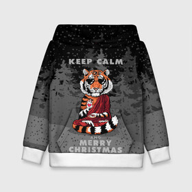 Детская толстовка 3D с принтом Keep calm and Merry Christmas в Петрозаводске, 100% полиэстер | двухслойный капюшон со шнурком для регулировки, мягкие манжеты на рукавах и по низу толстовки, спереди карман-кенгуру с мягким внутренним слоем | 2022 | beast | buddhist | heart | keep calm and merry christmas | meditation | new year | spruce forest | tiger | year of the tiger | буддист | год тигра | ельник | зверь | медитация | новый год | сердце | тигр | черные очки