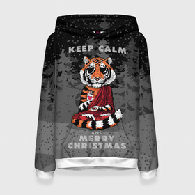 Женская толстовка 3D с принтом Keep calm and Merry Christmas в Петрозаводске, 100% полиэстер  | двухслойный капюшон со шнурком для регулировки, мягкие манжеты на рукавах и по низу толстовки, спереди карман-кенгуру с мягким внутренним слоем. | 2022 | beast | buddhist | heart | keep calm and merry christmas | meditation | new year | spruce forest | tiger | year of the tiger | буддист | год тигра | ельник | зверь | медитация | новый год | сердце | тигр | черные очки