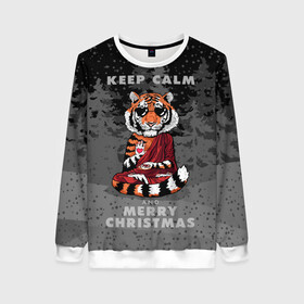 Женский свитшот 3D с принтом Keep calm and Merry Christmas в Петрозаводске, 100% полиэстер с мягким внутренним слоем | круглый вырез горловины, мягкая резинка на манжетах и поясе, свободная посадка по фигуре | 2022 | beast | buddhist | heart | keep calm and merry christmas | meditation | new year | spruce forest | tiger | year of the tiger | буддист | год тигра | ельник | зверь | медитация | новый год | сердце | тигр | черные очки