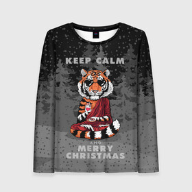 Женский лонгслив 3D с принтом Keep calm and Merry Christmas в Петрозаводске, 100% полиэстер | длинные рукава, круглый вырез горловины, полуприлегающий силуэт | 2022 | beast | buddhist | heart | keep calm and merry christmas | meditation | new year | spruce forest | tiger | year of the tiger | буддист | год тигра | ельник | зверь | медитация | новый год | сердце | тигр | черные очки