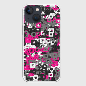 Чехол для iPhone 13 mini с принтом Squid Game Camo в Петрозаводске,  |  | Тематика изображения на принте: squid game | геометрия | игра в кальмара | кауфляж | милитари | паттерн | розовый | фигуры