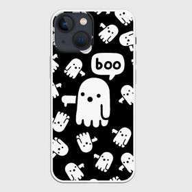 Чехол для iPhone 13 mini с принтом BOO ПРИВЕДЕНИЕ ХЕЛЛОУИН в Петрозаводске,  |  | bats | bones | ghost | halloween | pumpkin | skull | кости | летучие мыши | приведение | призрак | скелет | тыква | хеллоуин | хоррор | хэллоуин