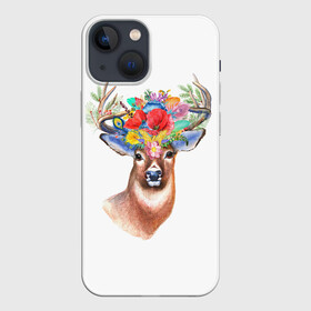 Чехол для iPhone 13 mini с принтом Олень Полевой цветок в Петрозаводске,  |  | Тематика изображения на принте: аниме | животные | лес | олень | охота | полевой | природа | рог | рога | рыбалка | цветок | цветы