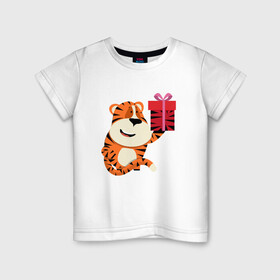 Детская футболка хлопок с принтом Тигренок с подарком к Новому Году в Петрозаводске, 100% хлопок | круглый вырез горловины, полуприлегающий силуэт, длина до линии бедер | 2022 | год тигра | новый год | новый год 2022 | символ года | тигр | тигренок | тигрица | тигры