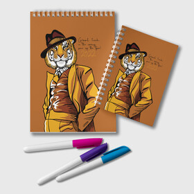 Блокнот с принтом Good luck in the coming year of the Tiger в Петрозаводске, 100% бумага | 48 листов, плотность листов — 60 г/м2, плотность картонной обложки — 250 г/м2. Листы скреплены удобной пружинной спиралью. Цвет линий — светло-серый
 | 2022 | gentleman | happy new year | hat | imposing | look | merry christmas | orange suit | predator | tiger | взгляд | год тигра | джентльмен | новый год | оранжевый костюм | рождество | тигр | хищник | шляпа