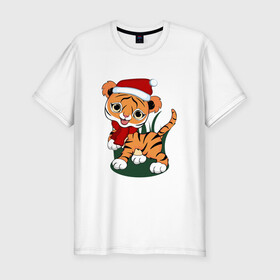 Мужская футболка хлопок Slim с принтом Зимний тигр в Петрозаводске, 92% хлопок, 8% лайкра | приталенный силуэт, круглый вырез ворота, длина до линии бедра, короткий рукав | 2022 | год тигра | новогодний тигр | новый год | праздничный тигр | тигр | тигр в новогодней шапке | тигренок