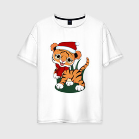 Женская футболка хлопок Oversize с принтом Зимний тигр в Петрозаводске, 100% хлопок | свободный крой, круглый ворот, спущенный рукав, длина до линии бедер
 | Тематика изображения на принте: 2022 | год тигра | новогодний тигр | новый год | праздничный тигр | тигр | тигр в новогодней шапке | тигренок
