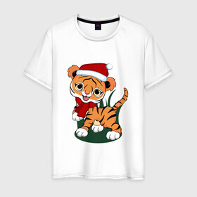 Мужская футболка хлопок с принтом Зимний тигр в Петрозаводске, 100% хлопок | прямой крой, круглый вырез горловины, длина до линии бедер, слегка спущенное плечо. | 2022 | год тигра | новогодний тигр | новый год | праздничный тигр | тигр | тигр в новогодней шапке | тигренок