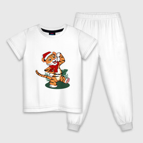 Детская пижама хлопок с принтом Новогодний тигр 2022 в Петрозаводске, 100% хлопок |  брюки и футболка прямого кроя, без карманов, на брюках мягкая резинка на поясе и по низу штанин
 | 2022 | зимний тигр | качок | новый год | подарок на новый год | сильный | стоит | тигр в новогодней шапке | тигренок | хвастается