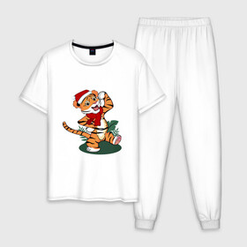 Мужская пижама хлопок с принтом Новогодний тигр 2022 в Петрозаводске, 100% хлопок | брюки и футболка прямого кроя, без карманов, на брюках мягкая резинка на поясе и по низу штанин
 | 2022 | зимний тигр | качок | новый год | подарок на новый год | сильный | стоит | тигр в новогодней шапке | тигренок | хвастается