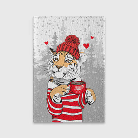 Обложка для паспорта матовая кожа с принтом Тигр с чашкой кофе в Петрозаводске, натуральная матовая кожа | размер 19,3 х 13,7 см; прозрачные пластиковые крепления | 2022 | a cup of coffee | fir forest | happy new year | hearts | merry christmas | red hat | striped fur coat | tiger | year of the tiger | год тигра | еловый лес | красная шапка | новый год | полосатая шуба | рождество | сердца | тигр | чашка кофе