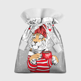 Подарочный 3D мешок с принтом Тигр с чашкой кофе в Петрозаводске, 100% полиэстер | Размер: 29*39 см | 2022 | a cup of coffee | fir forest | happy new year | hearts | merry christmas | red hat | striped fur coat | tiger | year of the tiger | год тигра | еловый лес | красная шапка | новый год | полосатая шуба | рождество | сердца | тигр | чашка кофе
