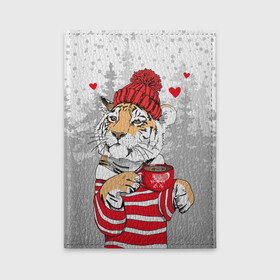 Обложка для автодокументов с принтом Тигр с чашкой кофе в Петрозаводске, натуральная кожа |  размер 19,9*13 см; внутри 4 больших “конверта” для документов и один маленький отдел — туда идеально встанут права | 2022 | a cup of coffee | fir forest | happy new year | hearts | merry christmas | red hat | striped fur coat | tiger | year of the tiger | год тигра | еловый лес | красная шапка | новый год | полосатая шуба | рождество | сердца | тигр | чашка кофе