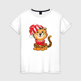 Женская футболка хлопок с принтом Тигренок в шапке и в шарфе в Петрозаводске, 100% хлопок | прямой крой, круглый вырез горловины, длина до линии бедер, слегка спущенное плечо | 2022 | год тигра | новый год | новый год 2022 | символ года | тигр | тигренок | тигрица | тигры