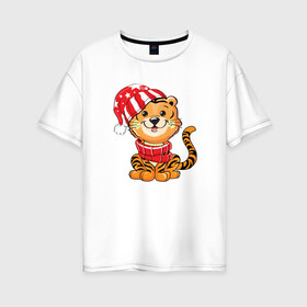 Женская футболка хлопок Oversize с принтом Тигренок в шапке и в шарфе в Петрозаводске, 100% хлопок | свободный крой, круглый ворот, спущенный рукав, длина до линии бедер
 | 2022 | год тигра | новый год | новый год 2022 | символ года | тигр | тигренок | тигрица | тигры