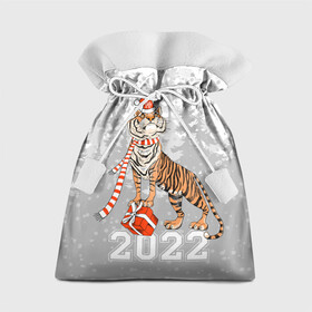 Подарочный 3D мешок с принтом Тигр с подарками в Петрозаводске, 100% полиэстер | Размер: 29*39 см | Тематика изображения на принте: 2022 | fir forest | gifts | happy new year | merry christmas | red hat | santa claus | tiger | year of the tiger | год тигра | еловый лес | красная шапка | новый год | подарки | рождество | санта клаус | тигр