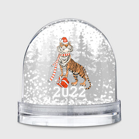Игрушка Снежный шар с принтом Тигр с подарками в Петрозаводске, Пластик | Изображение внутри шара печатается на глянцевой фотобумаге с двух сторон | 2022 | fir forest | gifts | happy new year | merry christmas | red hat | santa claus | tiger | year of the tiger | год тигра | еловый лес | красная шапка | новый год | подарки | рождество | санта клаус | тигр