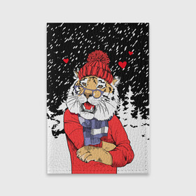 Обложка для паспорта матовая кожа с принтом Тигр в красном в Петрозаводске, натуральная матовая кожа | размер 19,3 х 13,7 см; прозрачные пластиковые крепления | 2022 | fir forest | happy new year | hearts | merry christmas | red hat | santa claus | scarf | snow | tiger | year of the tiger | год тигра | еловый лес | красная шапка | новый год | очки | рождество | санта клаус | сердца | снег | тигр | шарф