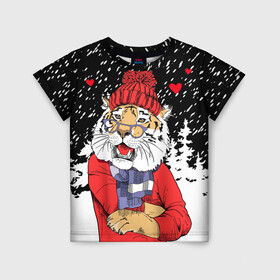 Детская футболка 3D с принтом Тигр в красном в Петрозаводске, 100% гипоаллергенный полиэфир | прямой крой, круглый вырез горловины, длина до линии бедер, чуть спущенное плечо, ткань немного тянется | 2022 | fir forest | happy new year | hearts | merry christmas | red hat | santa claus | scarf | snow | tiger | year of the tiger | год тигра | еловый лес | красная шапка | новый год | очки | рождество | санта клаус | сердца | снег | тигр | шарф